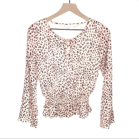 Vici Sage the Label Boho Leopard Print Tie Neck Blouse Long Sleeve Pink - Picture 1 of 7